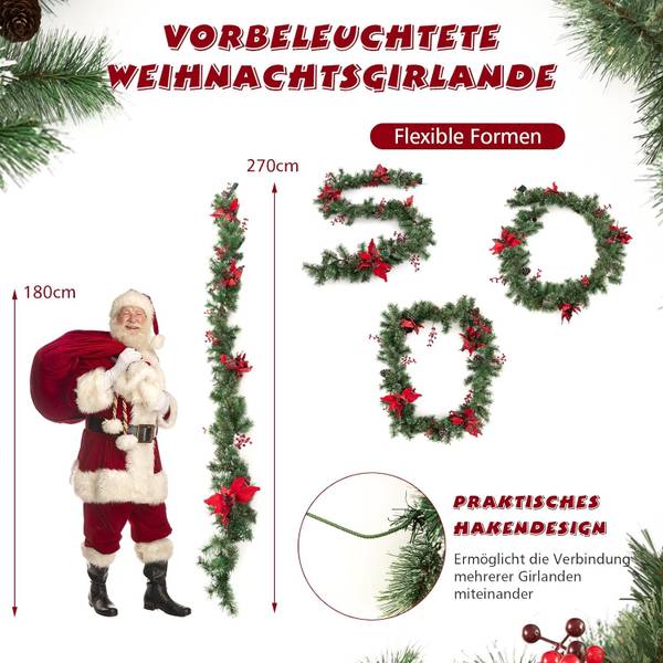 Weihnachtsgirlande mit Beleuchtung Grün - Kunststoff - 10 x 10 x 270 cm