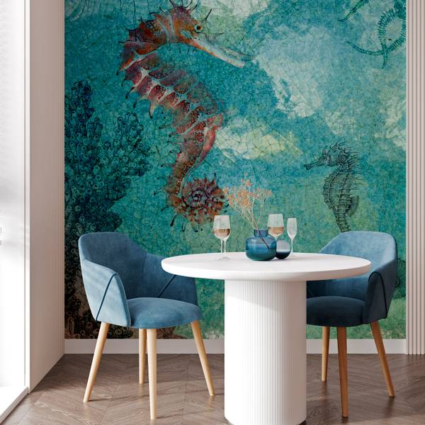 Panorama-Tapete Seahorse Blau - Papier - 192 x 280 x 192 cm