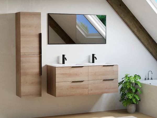 Ensemble salle de bain NISAYA Beige - En partie en bois massif - 46 x 50 x 120 cm