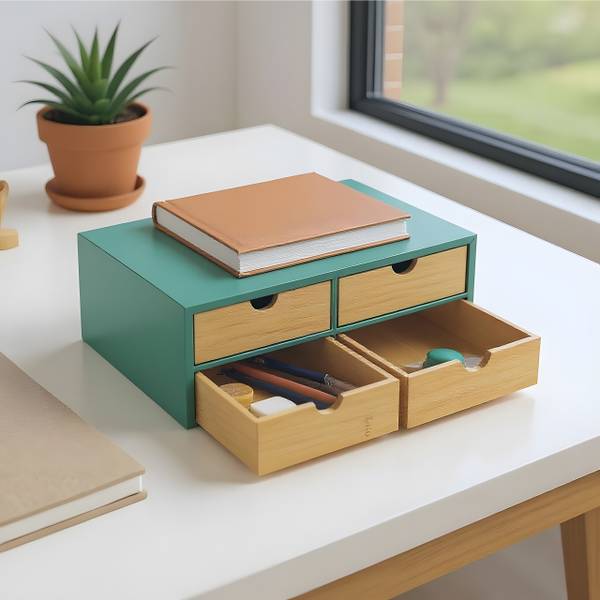 Schreibtisch Organizer 4 Schubladen Braun - Türkis - Bambus - Holzwerkstoff - 33 x 14 x 21 cm