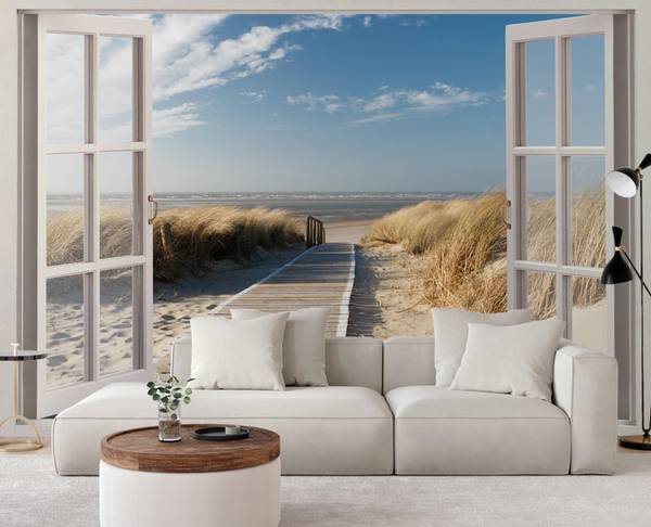 Fototapete Fensterblick weg zum Strand 280 x 200 cm
