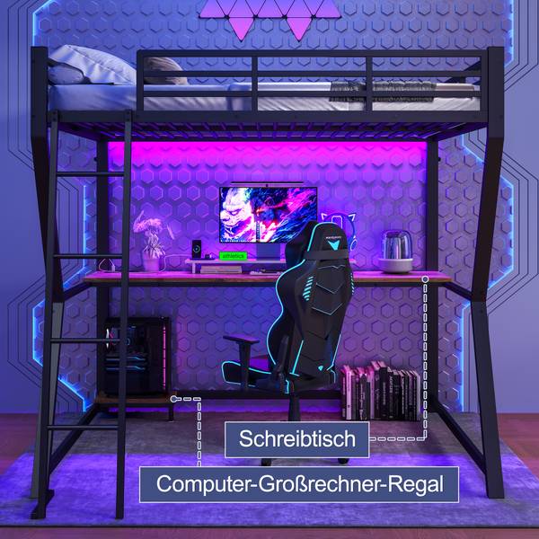 Hochbett Yasmin mit LED-Beleuchtung Schwarz