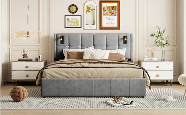 Polsterbett YCC01 Grau - Metall - Massivholz - 169 x 107 x 205 cm