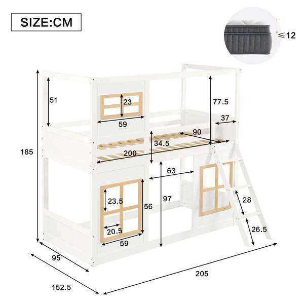 Stockbett K-940 Weiß - Massivholz - 90 x 185 x 200 cm