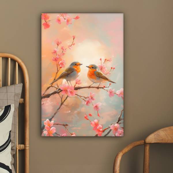 LEINWANDBILD Rotkehlchen Pink - Baumwollstoff - 60 x 90 x 2 cm