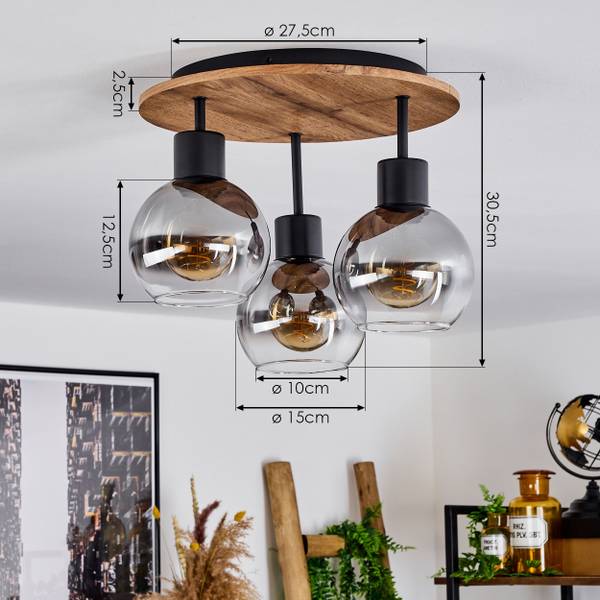 Deckenleuchte Canove Schwarz - Braun - Glas Grau - Holz - 38 x 22 x 38 cm