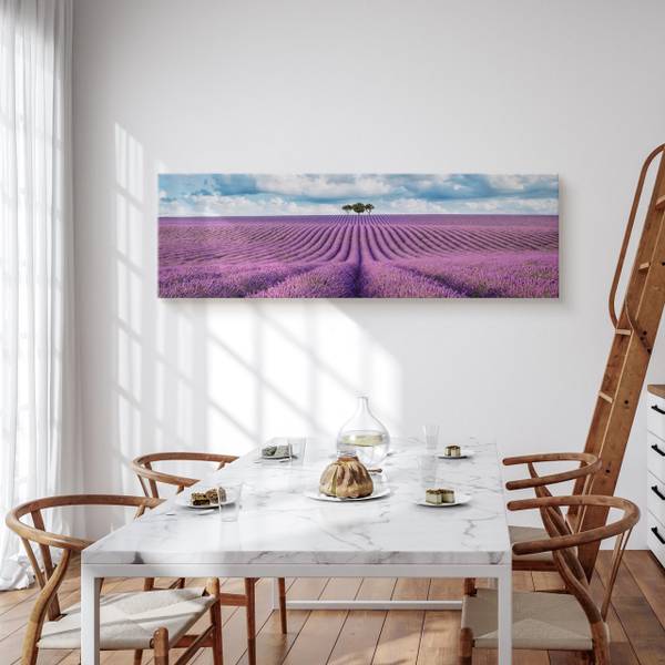 Tableau Panorama Champ de Lavande 3D Bleu - Mauve - Blanc - Lin - 145 x 45 x 45 cm