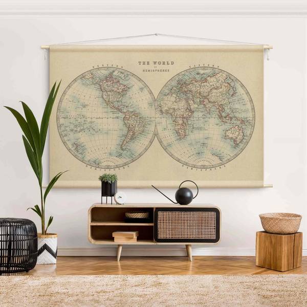 Wandteppich Retro Weltkarte Hemisphären 110 x 73 cm