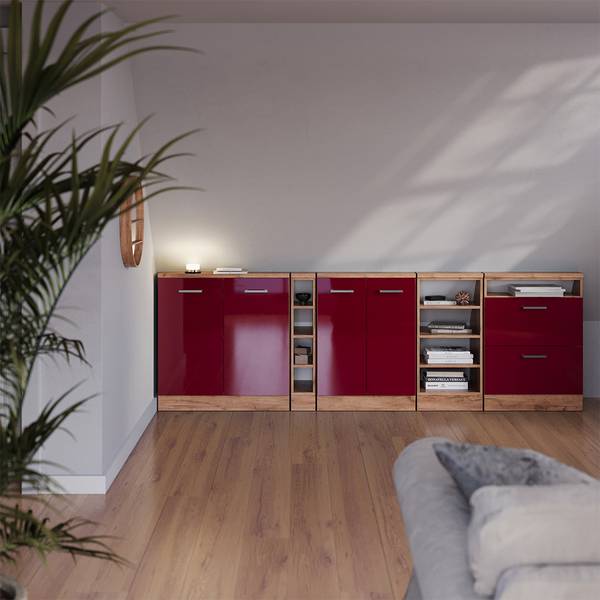 Kastenset voor schuine wand Rion 56006 hoogglans rood - eikenhouten look - Breedte: 140 cm