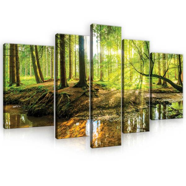 Leinwandbild SET Wald Sonne Wohnzimmer Grün - Holzwerkstoff - Textil - 170 x 100 x 2 cm