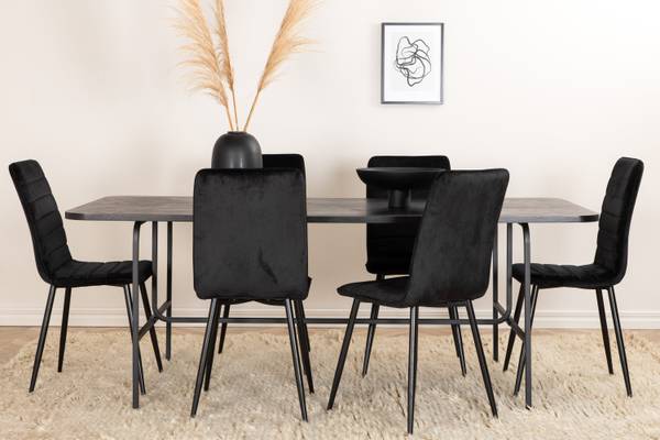 Essgruppe Uno + Windu (7-teilig) Schwarz - Samt - 200 x 74 x 90 cm