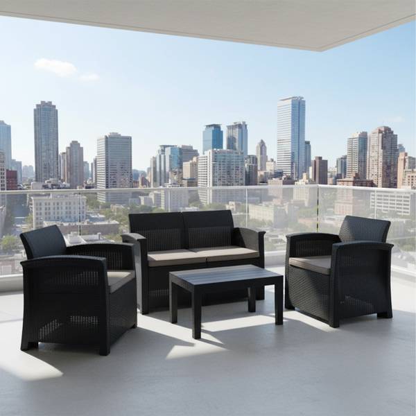 Ensemble de jardin 4 pièces en polyrotin Noir - Gris - Polyester - 122 x 75 x 60 cm