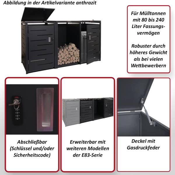 Mülltonnenverkleidung E83-B (2er) Grau - Stahl - 198 x 117 x 82 cm