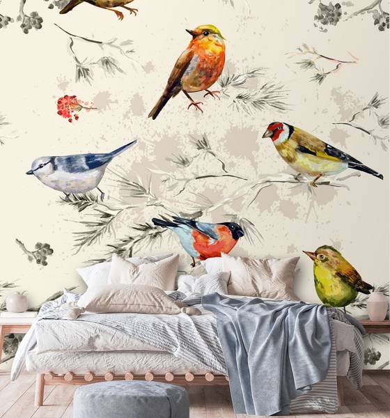 Fototapete Bunte Vögel Aquarellfarben 250 x 250 cm