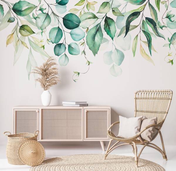 Fototapete Eukalyptus Blätter Aquarell Beige - Grün - Weiß - Vinyl - 350 x 255 x 1 cm