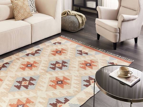 Kelim DILIJAN Beige - Blau - Orange - Naturfaser - 160 x 1 x 230 cm