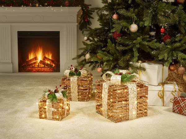 LED Deko TISSO 3-tlg Braun - Weiß - Kunststoff - 15 x 20 x 15 cm