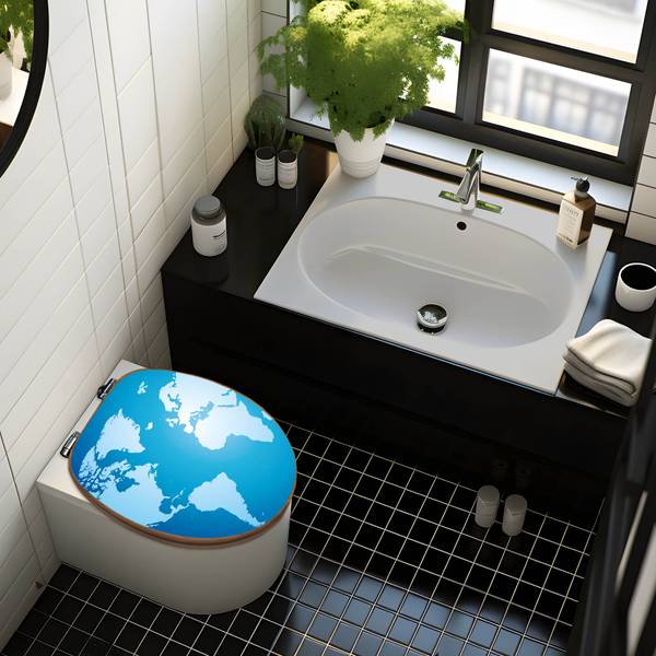 WC-Sitz mit Absenkautomatik Weltkarte Blau - Bambus - Holzwerkstoff - 38 x 5 x 49 cm