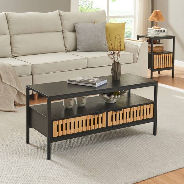 Couchtisch Luniehti Beige - Schwarz - Bambus - Holzwerkstoff - Metall - 40 x 48 x 100 cm