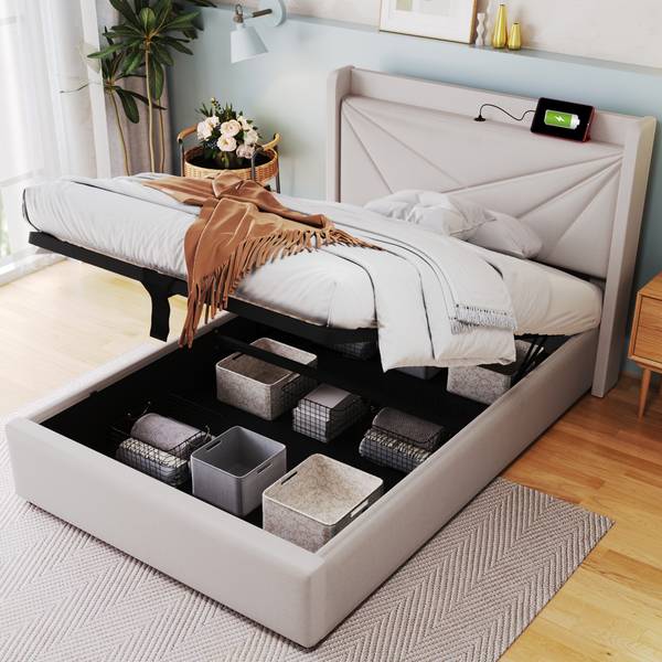 Polsterbett-BB025 Beige - Massivholz - 96 x 107 x 208 cm