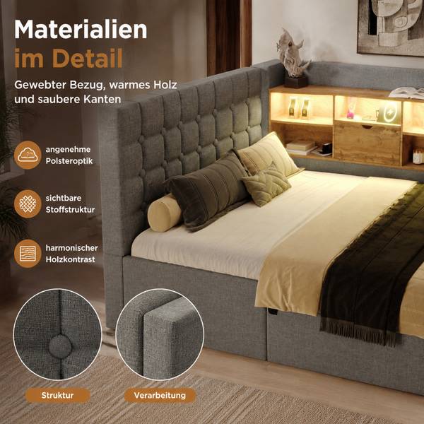 Polsterbett OK-Bett-013 mit Stauraum Grau - 200 x 140 cm