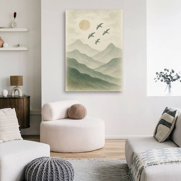 Wandbild vögel berge aquarell grün natur 60 x 90 cm
