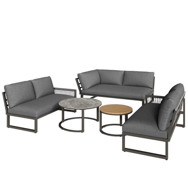 Gartenmöbel-Set MetaRopeNatur 5-teilig Grau - Holzwerkstoff - Glas - Metall - Kunststoff - Textil - 233 x 86 x 178 cm
