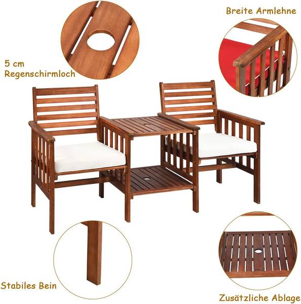 Gartenbank mit Doppelsitz+Beistelltisch Braun - Holzwerkstoff - 65 x 88 x 165 cm