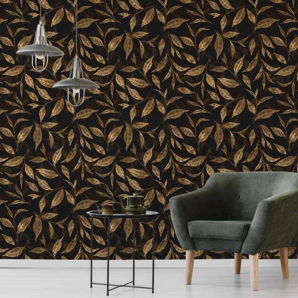 Papier Peint FEUILLES Plantes Nature Beige - Noir - Marron - Polaire - 53 x 1000 x 1000 cm