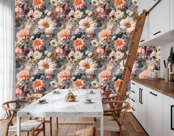 Papier Peint Fleurs Feuilles Plantes Beige - Bleu - Vert - Rose foncé - Polaire - 53 x 1000 x 1000 cm