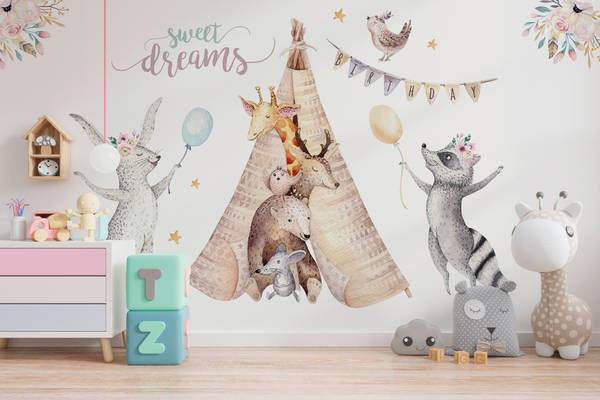 Fototapete Tiere im Tipi Beige - Blau - Braun - Grau - Pink - Weiß - Gelb - Vinyl - 350 x 255 x 1 cm