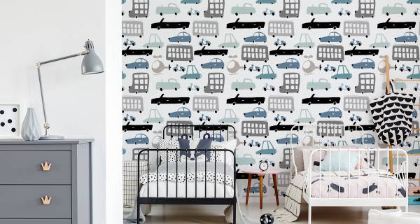 TAPETE Kinderzimmer Fahrzeuge Autos Beige - Schwarz - Blau - Grau - Weiß - Papier - 53 x 1000 x 1000 cm