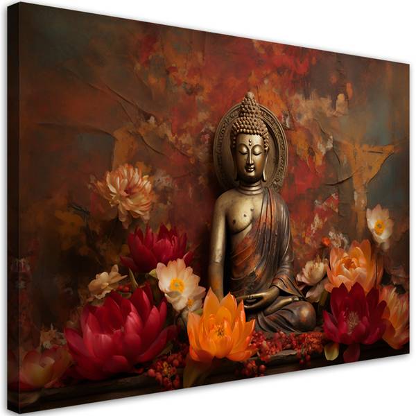 Wandbild meditierender buddha und blumen 100 x 70 cm