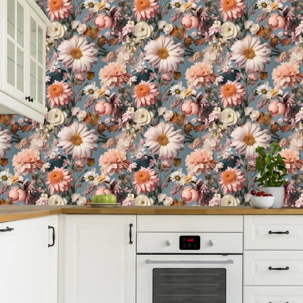 Papier Peint Fleurs Feuilles Plantes Beige - Bleu - Vert - Rose foncé - Polaire - 53 x 1000 x 1000 cm