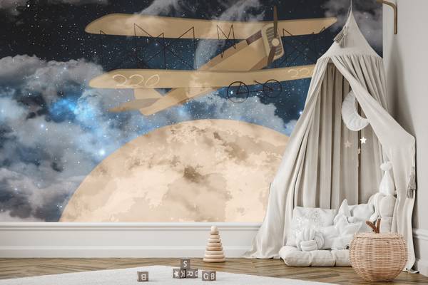 Fototapete FLUGZEUG Mond Sterne Wolken 405 x 270 x 270 cm