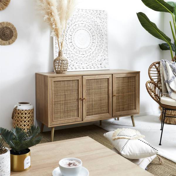 Kommode Tivo Beige - Rattan - Holz teilmassiv - 119 x 11 x 41 cm