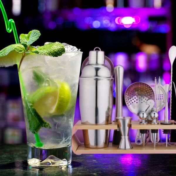 Kit de 16 pièces pour cocktails Marron - Argenté - Bambou - Métal - 32 x 26 x 11 cm