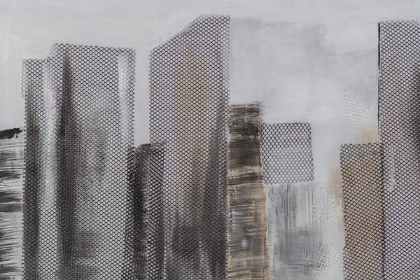 Tableau peint à la main Espace Skyline Gris - Coton - 120 x 40 x 4 cm