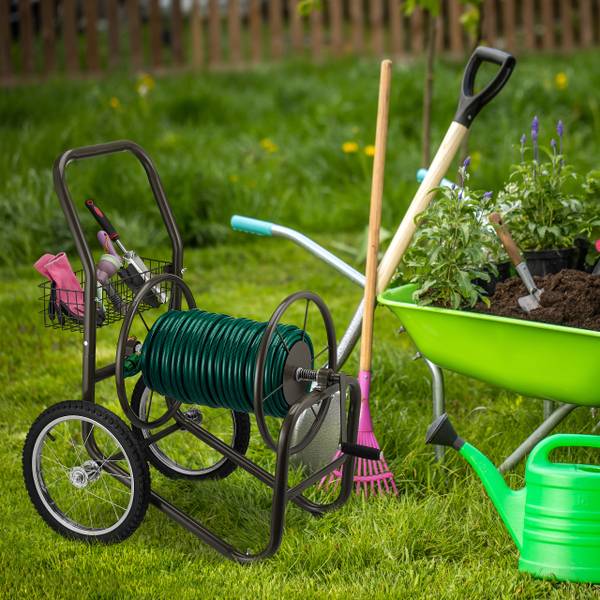 Dévidoir de tuyau brun avec panier Marron - Laiton - Acier - 58 x 100 x 88 cm