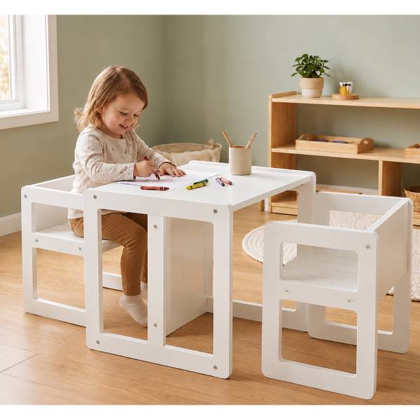 3-delige kinderset in wit wit - plaatmateriaal op houtbasis - 57 x 44 x 44 cm