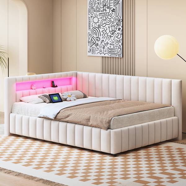 Gestoffeerd Bed Metis Ⅲ beige - velours - grenenhout - staal - 148 x 82 x 200 cm