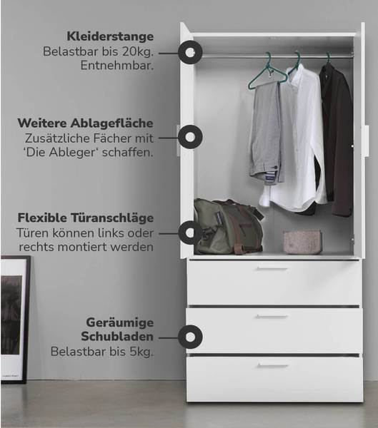 Kleiderschrank mit Schubladen + Fächern kaufen