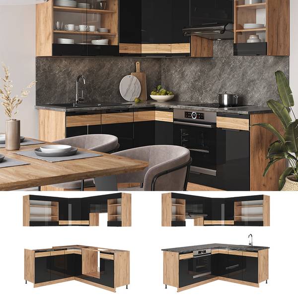 Eckküche Fame-Line 42796 Schwarz - Braun - Holzwerkstoff - 190 x 82 x 60 cm