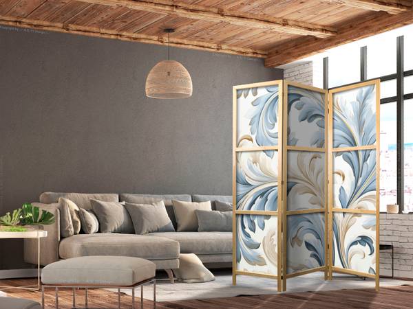 Paravent Ornament Natur 3-tlg Blau - Weiß - Holzwerkstoff - Textil - 135 x 172 x 3 cm