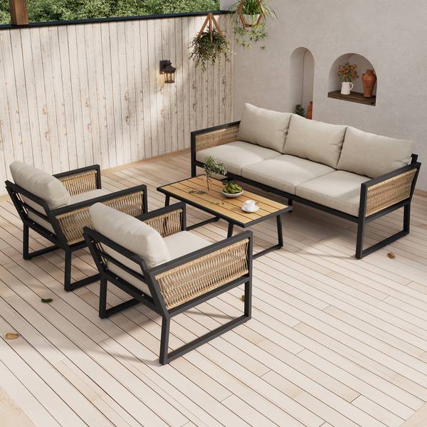 Lounge jardin 4-pce Rhea Ⅴ Beige - Noir - Polyester - Tissu - Acier - Bois composite - 67 x 63 x 182 cm