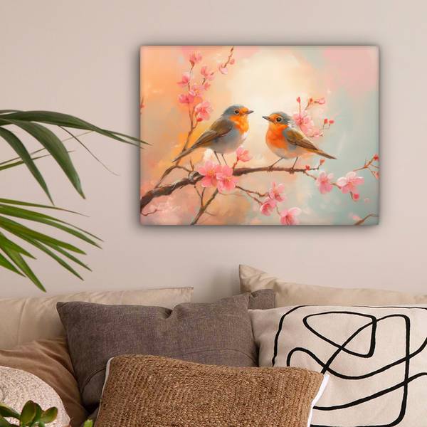 LEINWANDBILD Rotkehlchen Pink - Baumwollstoff - 40 x 30 x 2 cm