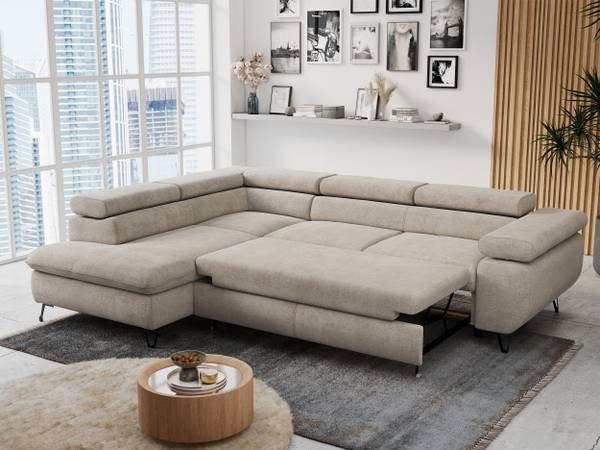 Ecksofa PETER L Greige - Ecke davorstehend links - Ottomane davorstehend links - Schlaffunktion davorstehend links - Strukturstoff - Webstoff