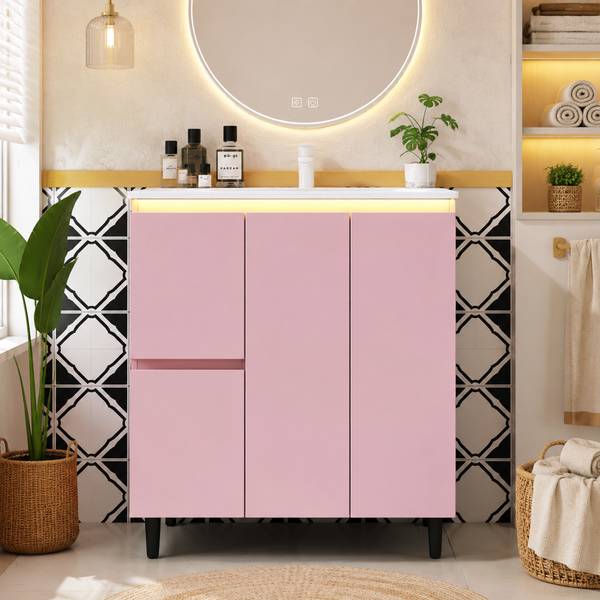 Badkamermeubel met Wastafel Muses Ⅰ roze - plaatmateriaal op houtbasis - porselein - 76 x 89 x 47 cm