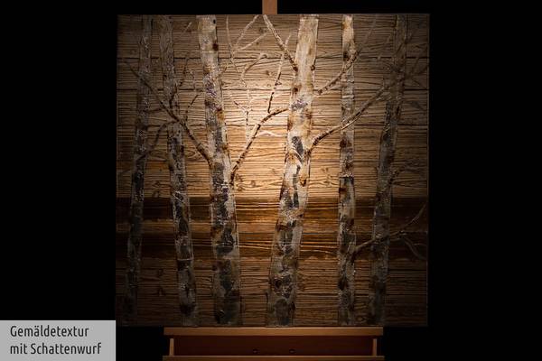 Tableau peint à la main Bouleaux Beige - Doré - Coton - 80 x 80 x 4 cm