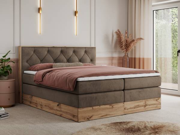 Boxspringbett VENETO KING Braun - Eiche Dekor - Breite: 208 cm - H3 - Textil
